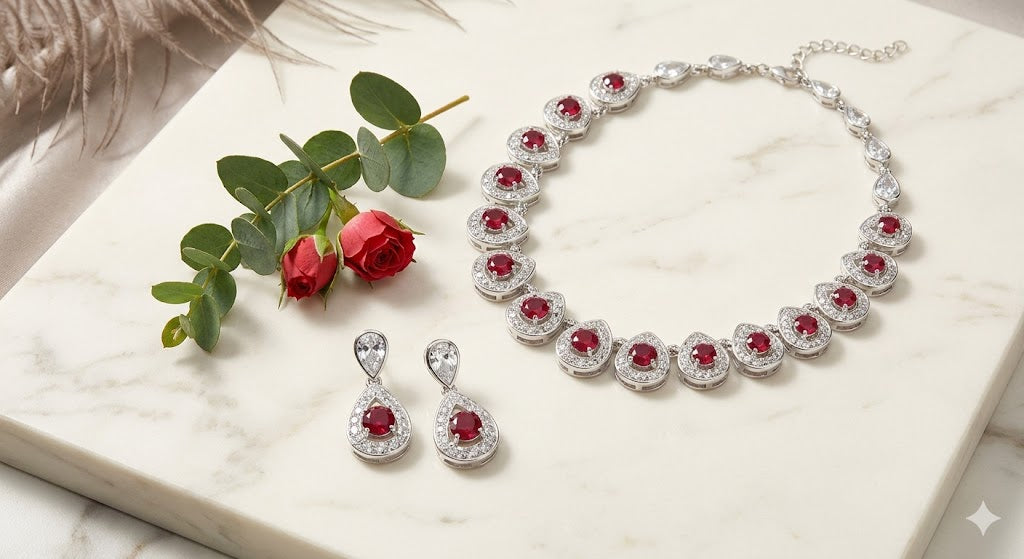 Rhodium plated & Jewellery Set in Maroon Red Colour