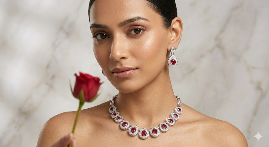 Rhodium plated & Jewellery Set in Maroon Red Colour
