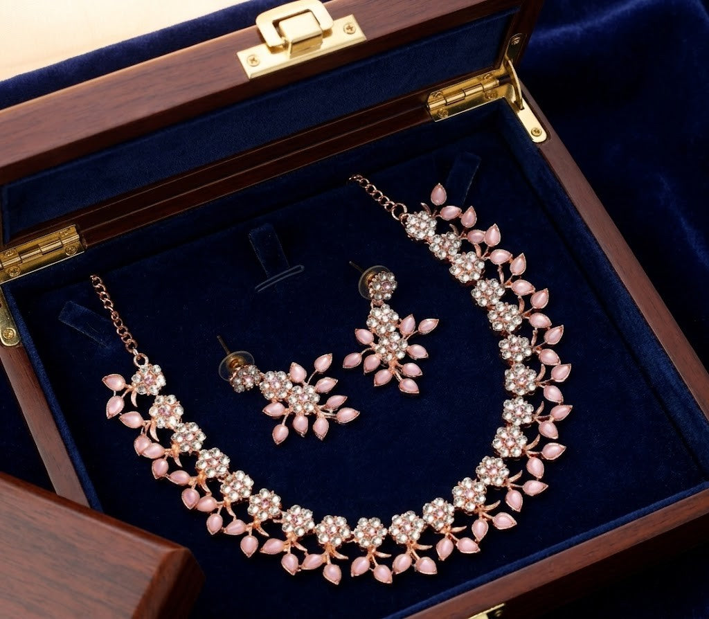 Jewellery Rose Gold &amp; Gold Polished With White &amp; Blue AD Choker Necklace Set with Matching Earrings.