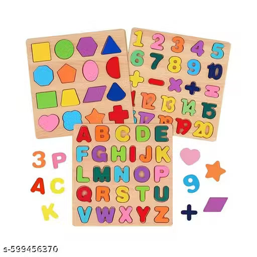 Wooden Alphabet Puzzles Numbers Count Board Blocks 3 Sets Game, Colorful ABC Lower Letters/Numbers/Shapes for Kids Toddlers Preschool Early Learning Educational Toys (Set of 3)