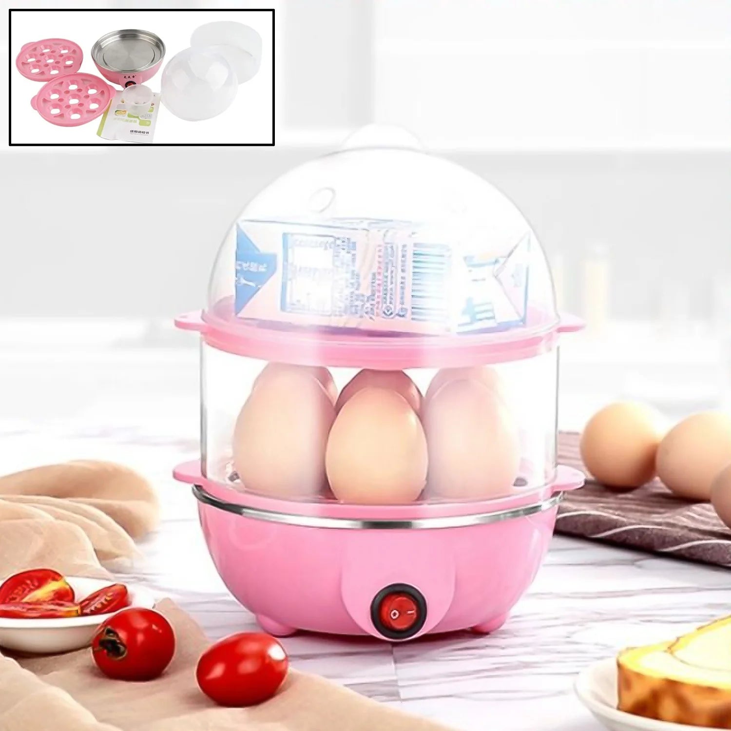 Double Layer Egg Boiler Electric Automatic Off 14 Egg Poacher for Steaming, Cooking, Boiling and Frying, (Multi Color, 350 Watts)