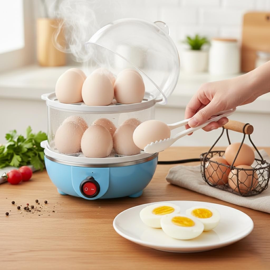 Electric Egg Boiler and Omelette Maker | 2-Layer Egg Cooker | Portable Egg and Milk Boiler | 14 Egg Capacity | Automatic Off