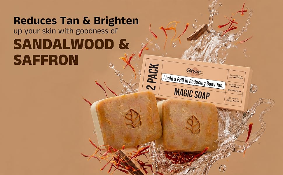 Ghar Soaps Sandalwood & Saffron Magic Soaps For Bath (100 Gms Pack Of 2) | Paraben Free | Chandan & Kesar Bath Soap | Handmade Soaps For Glowing | Skin Brightening Soap For Men & Women
