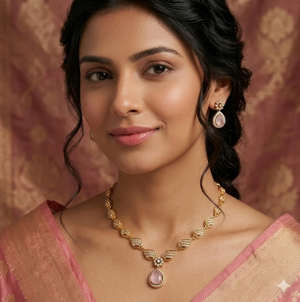 Emerald Baby Pink Necklace, Gold Plated Jewelry Set, AD Stone Necklace, American Diamond Set, Bollywood Style Jewelry.