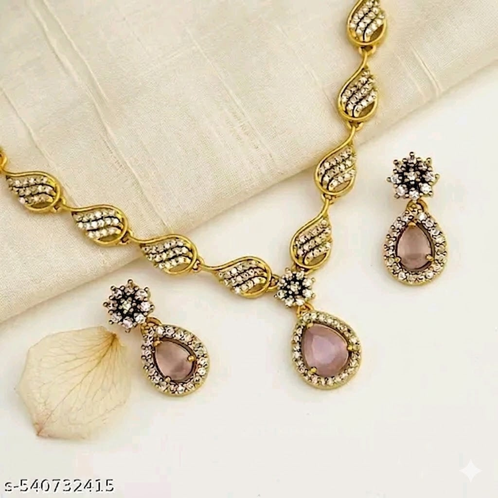 Emerald Baby Pink Necklace, Gold Plated Jewelry Set, AD Stone Necklace, American Diamond Set, Bollywood Style Jewelry.