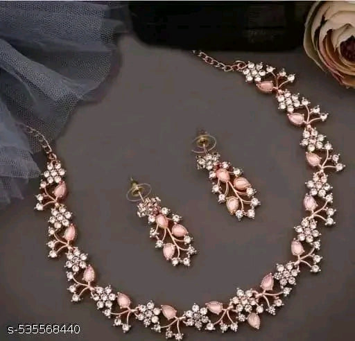 Jewellery Rose Gold &amp; Gold Polished With White &amp; Blue AD Choker Necklace Set with Matching Earrings.