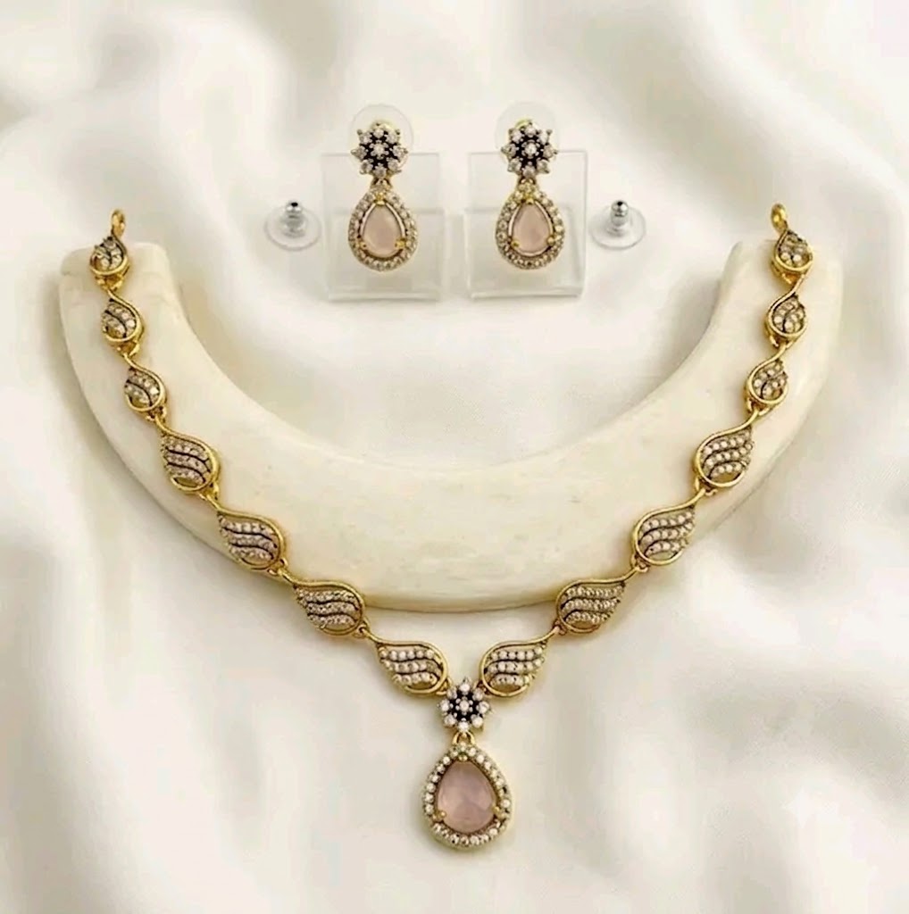 Emerald Baby Pink Necklace, Gold Plated Jewelry Set, AD Stone Necklace, American Diamond Set, Bollywood Style Jewelry.