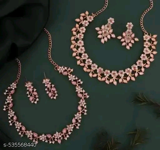 Jewellery Rose Gold &amp; Gold Polished With White &amp; Blue AD Choker Necklace Set with Matching Earrings.