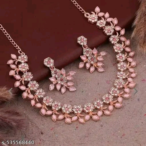 Jewellery Rose Gold &amp; Gold Polished With White &amp; Blue AD Choker Necklace Set with Matching Earrings.