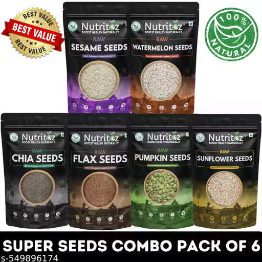 Nutritoz Raw Chia Seeds, Flax Seeds, Pumpkin Seeds, Sunflower Seeds, Sesame Seeds and Watermelon Seeds combo Pack of 6 (50gm EACH) for Weight Loss, Hair growth, Strong Bones with Omega-3, Fiber, Calcium, Magnesium, Iron, and Zinc k (Total 300gm)