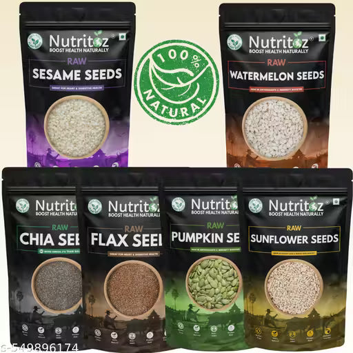 Nutritoz Raw Chia Seeds, Flax Seeds, Pumpkin Seeds, Sunflower Seeds, Sesame Seeds and Watermelon Seeds combo Pack of 6 (50gm EACH) for Weight Loss, Hair growth, Strong Bones with Omega-3, Fiber, Calcium, Magnesium, Iron, and Zinc k (Total 300gm)