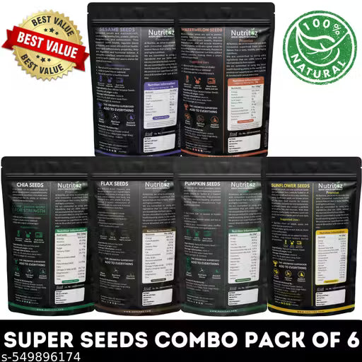 Nutritoz Raw Chia Seeds, Flax Seeds, Pumpkin Seeds, Sunflower Seeds, Sesame Seeds and Watermelon Seeds combo Pack of 6 (50gm EACH) for Weight Loss, Hair growth, Strong Bones with Omega-3, Fiber, Calcium, Magnesium, Iron, and Zinc k (Total 300gm)