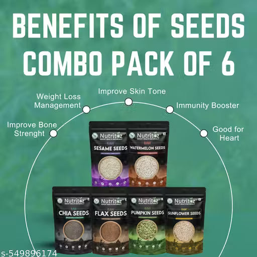 Nutritoz Raw Chia Seeds, Flax Seeds, Pumpkin Seeds, Sunflower Seeds, Sesame Seeds and Watermelon Seeds combo Pack of 6 (50gm EACH) for Weight Loss, Hair growth, Strong Bones with Omega-3, Fiber, Calcium, Magnesium, Iron, and Zinc k (Total 300gm)