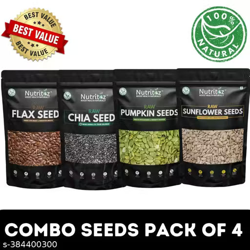 Raw Chia Seeds, Flax Seeds, Pumpkin Seeds, and Sunflower Seeds combo Pack of 4 (50gm EACH) for Weight Loss, Strong Bones, Hair growth with Omega 3, Fiber, Calcium, Magnesium, Iron, and Zinc - 50GM Each Combo Pack (Total 200gm)