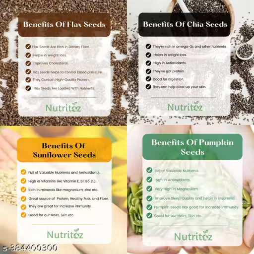 Raw Chia Seeds, Flax Seeds, Pumpkin Seeds, and Sunflower Seeds combo Pack of 4 (50gm EACH) for Weight Loss, Strong Bones, Hair growth with Omega 3, Fiber, Calcium, Magnesium, Iron, and Zinc - 50GM Each Combo Pack (Total 200gm)